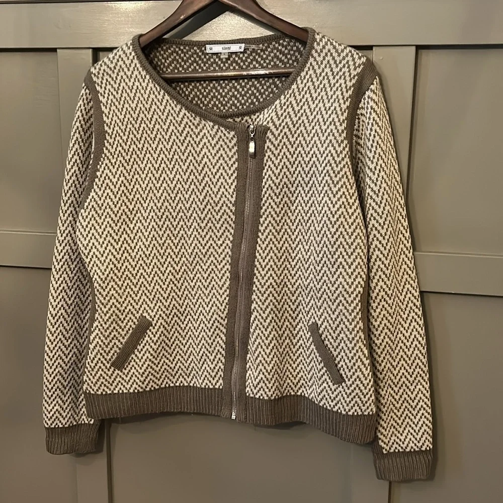 Sioni Chevron Wool Blend Sweater Asymmetric Full Zip Tan Brown Size Large